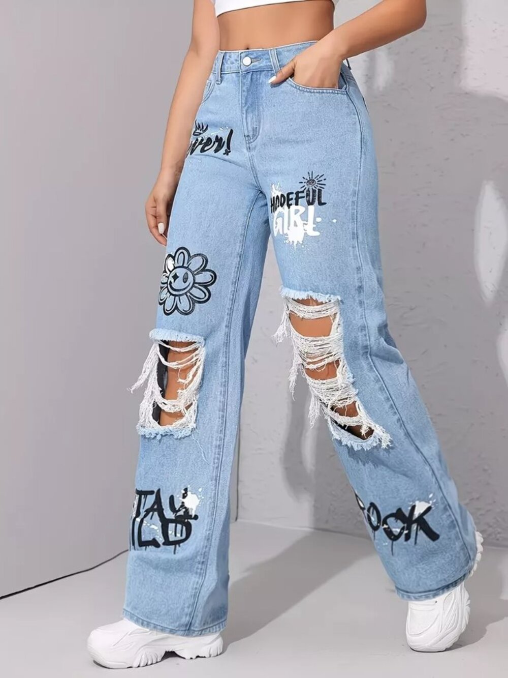 Graffiti Distressed Wide Leg Jeans - Picture 3 of 6